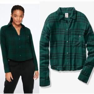 Victoria Secret PINK Soft Green Plaid Crop Button Up Long Sleeve Cozy Flannel